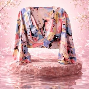 Multicolor Tie In Front  Abstract Crop Top Size 2x